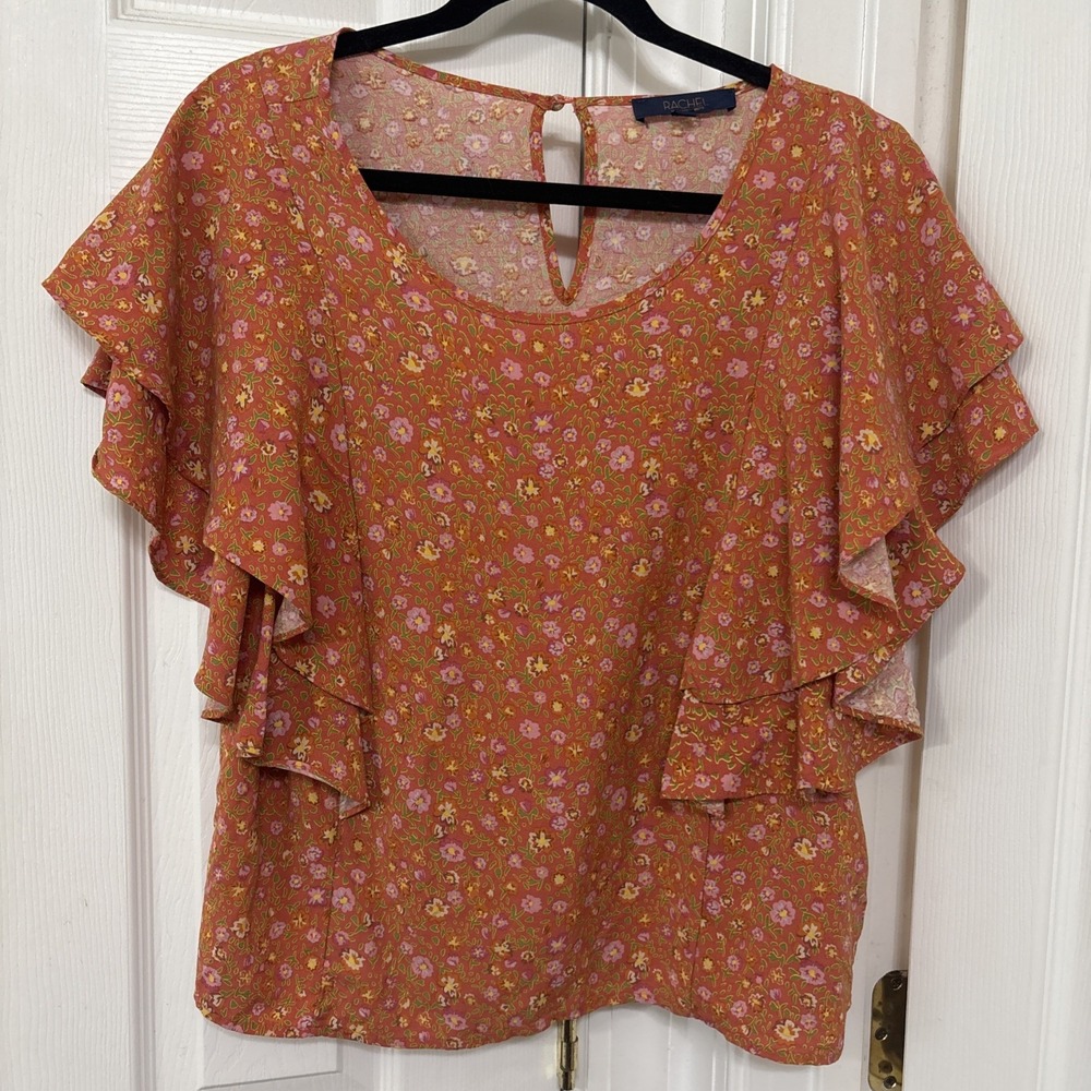 Rachel Rachel Roy Women Orange Floral Flutter Sleeve Blouse Top M Boho Chic